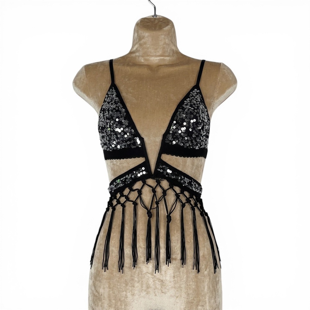 New XS Black Silver Sequin Macrame Fringe Festival Bralette Rave Top Plunging